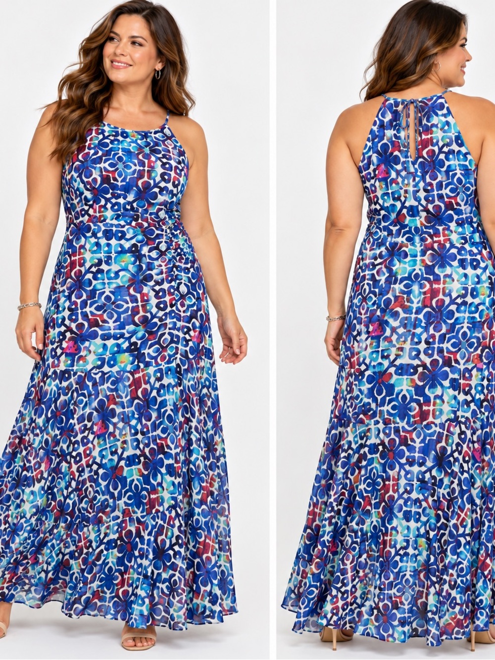 Nine West Size 16 Blue Abstract Print Ruched Maxi Dress Sleeveless Stretch